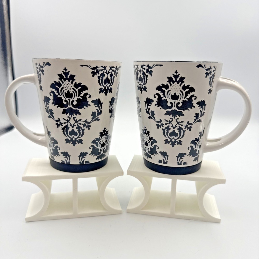2 Pier 1‎ Imports Black White Damask Coffee Mugs/Cups Handpainted Stoneware